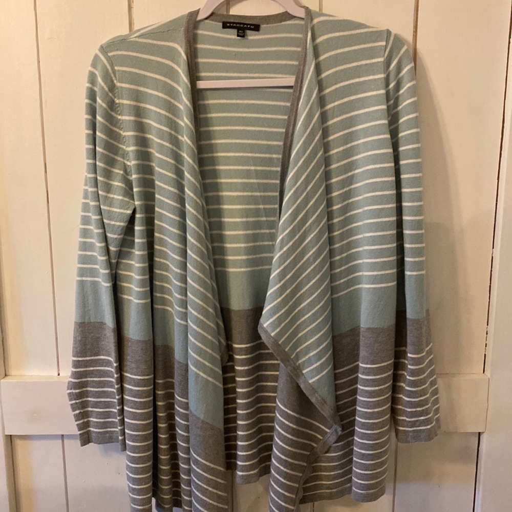 Grey and teal cardigan.